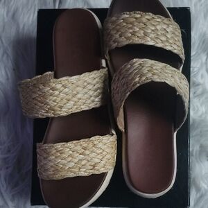 MIA Braided Straw Double-Strap Slide Sandals - Brown